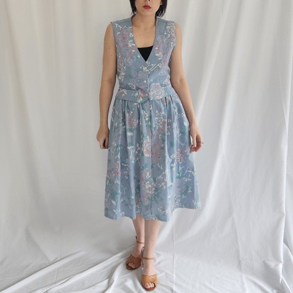 Vintage Dresses & Skirts - 80s Blue‎ Floral Vest and Skirt Set